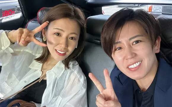 レース場まで鎌倉涼選手と相乗りの落合直子選手